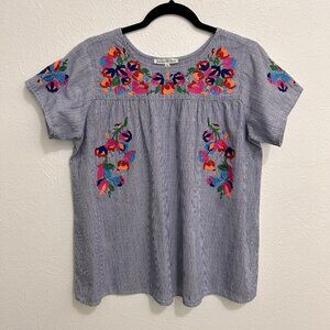 See And Be Seen Top Blouse Colorful Embroidered Floral Peasant Boho Blue Size S